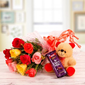 10 Mix Roses with 6 inches Teddy and 1 Dairy Milk Silk Chocolates 
