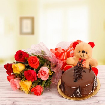 10 Mix Roses with Half Kg Chocolate Cake and 6 inches Teddy