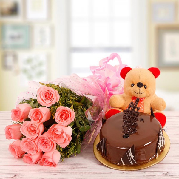 10 Pink Roses with Half Kg Chocolate Cake and 6 inches Teddy