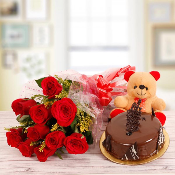 10 Red Roses with Half Kg Chocolate Cake and 6 inches Teddy