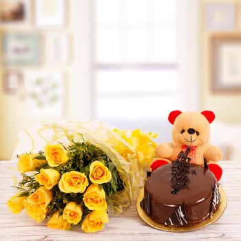 10 Yellow Roses with Half Kg Chocolate Cake and 6 inches Teddy