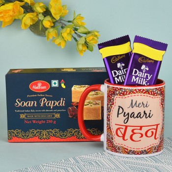 Rakhi Mug with Soan Papdi and Chocolate for Sister