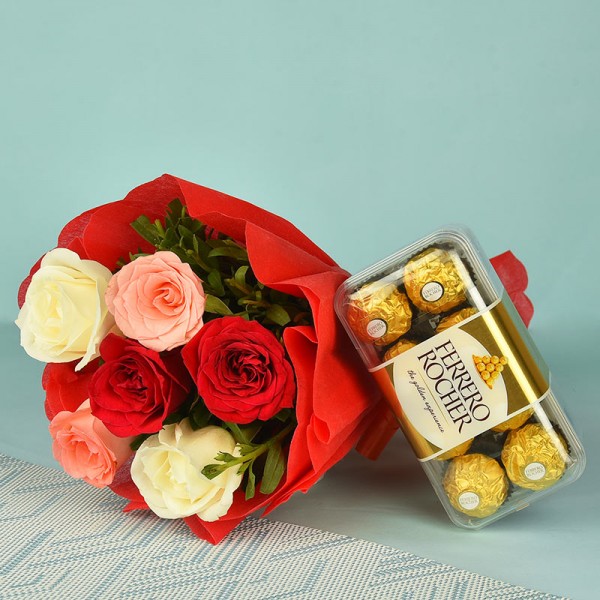 6 Colorful Roses in Red paper packing with 16 Pcs Ferrero Rocher Chocolates (200 gms)