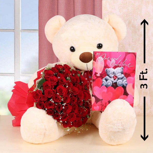 50 Red Roses with 1 Teddy bear (3 feet) and 1 Greeting Card - Red and White Paper