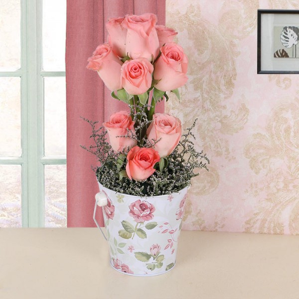  10 Pink Roses in Tin Bucket