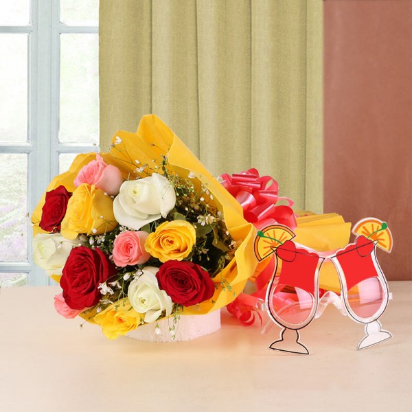 12 Colourful Roses in Yellow Paper Packing with Mocktail Eye Frame