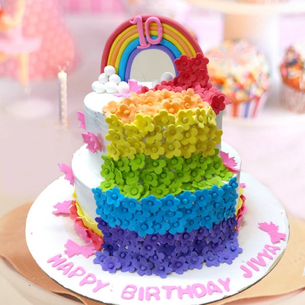 4 Kg 2 Tier Vanilla Cream Designer Rainbow Cake