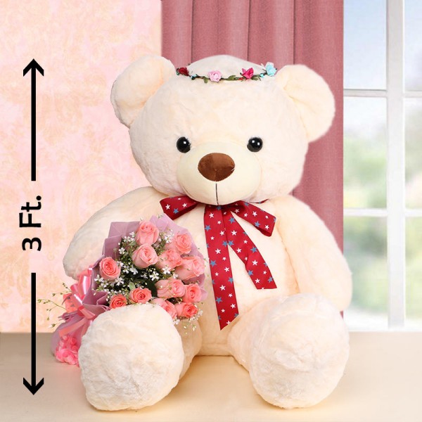 12 Pink Roses in Pink Paper with Teddy Bear 3ft. and 1 Floral Tiara