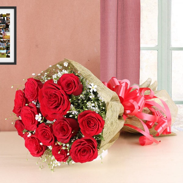 12 Red Roses in Golden Paper