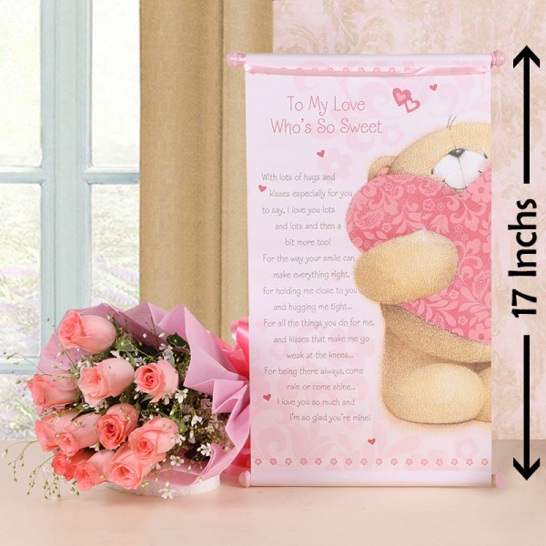 12 Pink Roses in Pink Paper with 1 Love Scroll