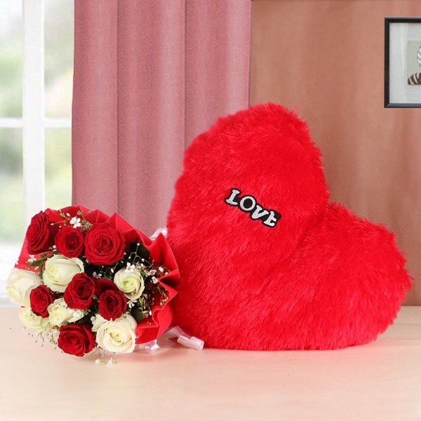 12 Red and White Roses with Red Heart-shaped fur Cushion (12 inches) and Red Paper