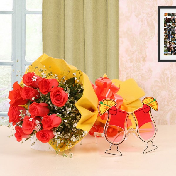 12 Orange Roses with 1 Mocktail Eye Frame in Yellow Paper