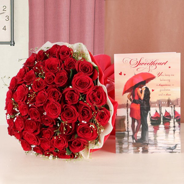 50 Red Roses with 1 Greeting Card in Red and White Paper 
