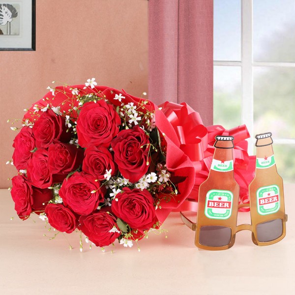 12 Red Roses in Red Paper with Beer Mug Shades