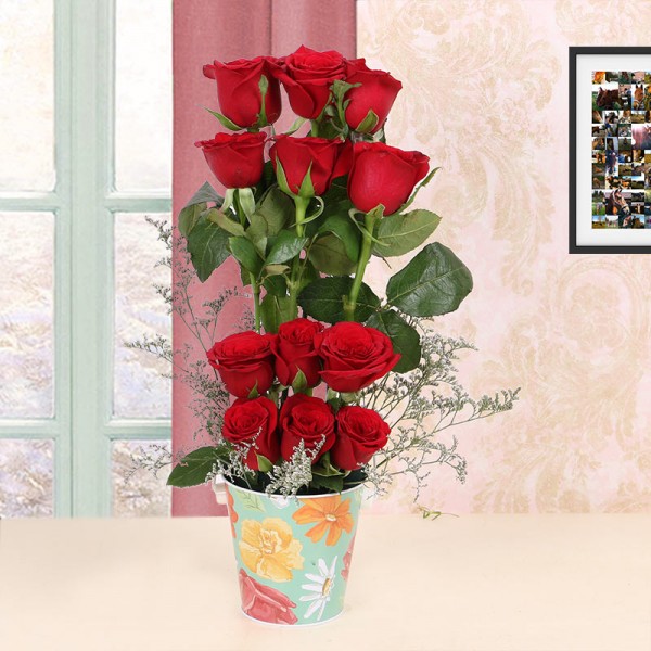 Floral arrangement of 12 Red Roses in 1 Tin Bucket