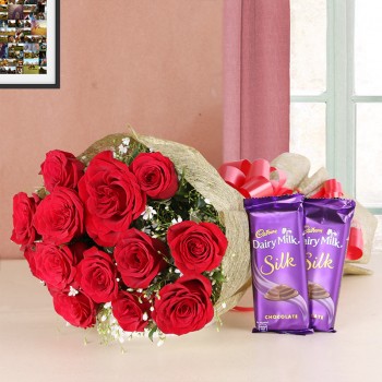 12 Red Roses in Golden Paper with 2 Cadbury Silk Chocolates 60gms