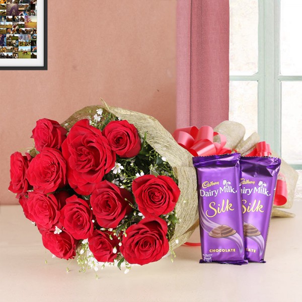 12 Red Roses in Golden Paper with 2 Cadbury Silk Chocolates 60gms