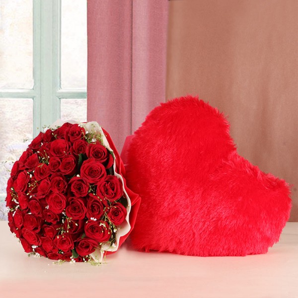 50 Red Roses with 1 Red Heart-shaped fur Cushion (12 inches) - Red and White Paper