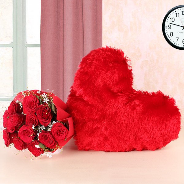 12 Red Roses in Red Paper with Red Heart-shaped Fur Cushion (12 inches)