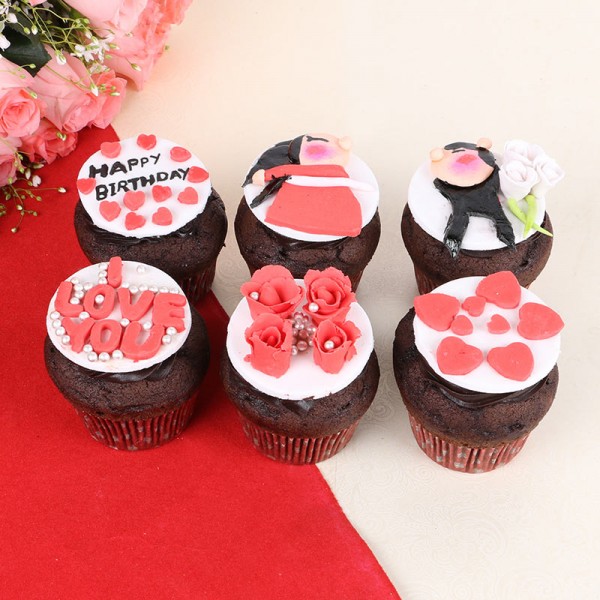 6 Designer Fondant Chocolate Cupcakes for Birthday