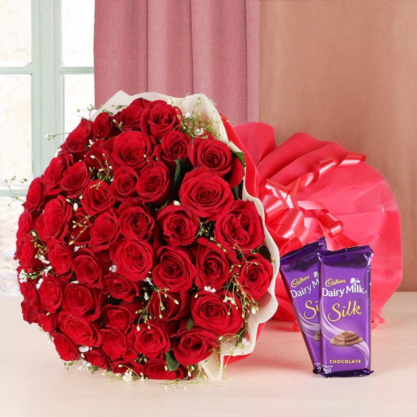 50 Red Roses with 2 DairyMilk Silk (60gms each) and Red and White Paper