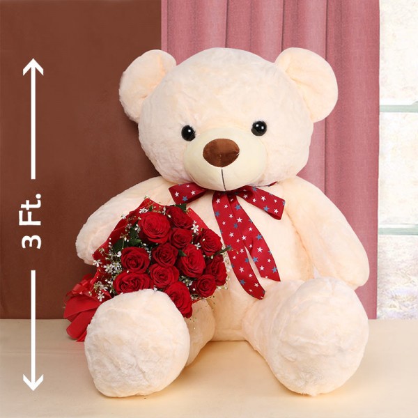 12 Red Roses in Red Paper with Teddy Bear 3ft.