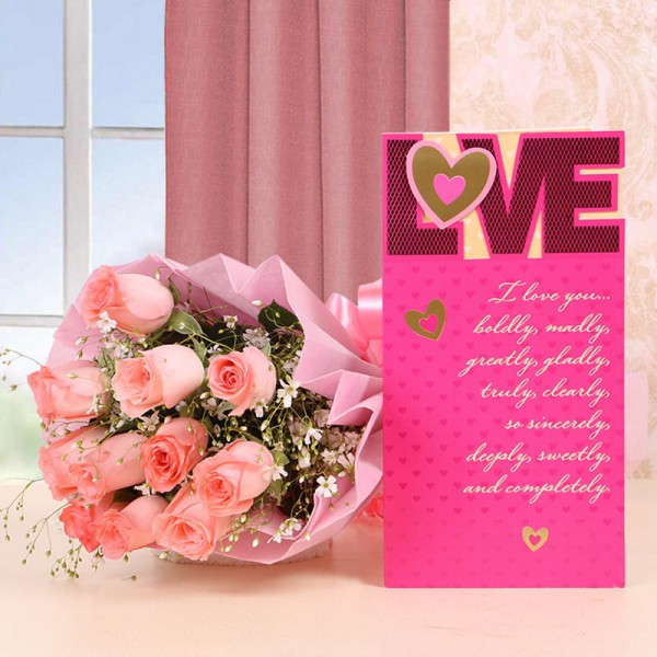  12 Pink Roses in Pink Paper with 1 Greeting Card