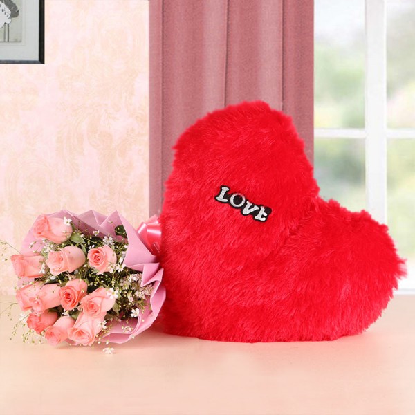 12 Pink Roses with Red Heart-shaped fur Cushion (12 inches) and Pink Paper