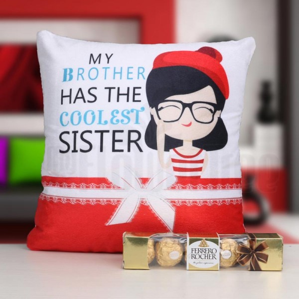 Printed Cushion for Sister with 4 Pcs Ferrero Rocher Chocolate