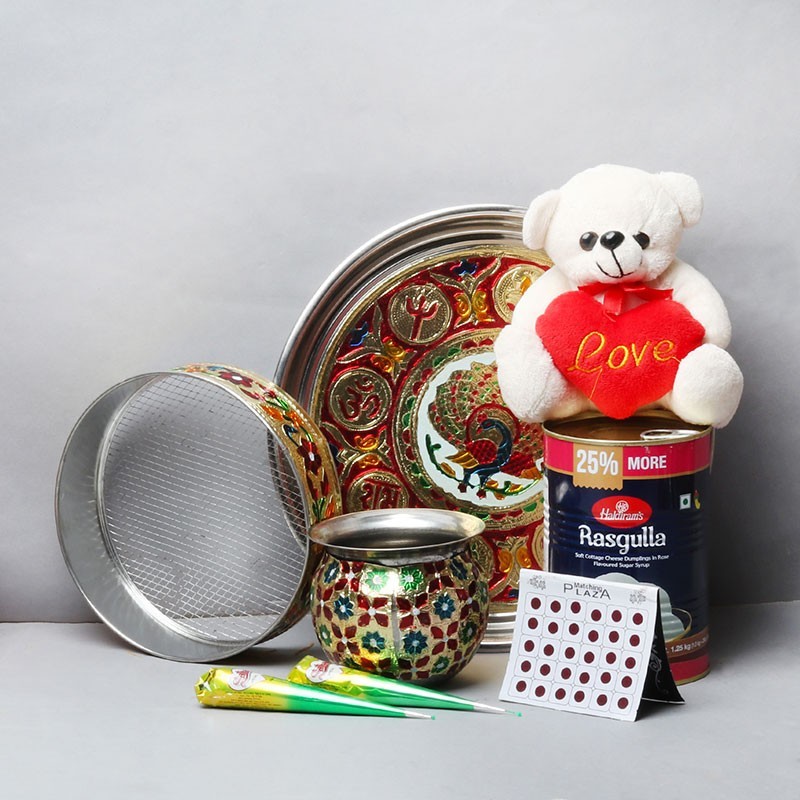 One Designer Pooja Thali Set with One Teddy Bear (6 inches) and One Kg Tin Haldiram Rasgulla and 2 Mehendi Kip and One Pack of Bindi