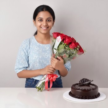 10 Red Roses Bunch with Half Kg Chocolate Truffle Cake