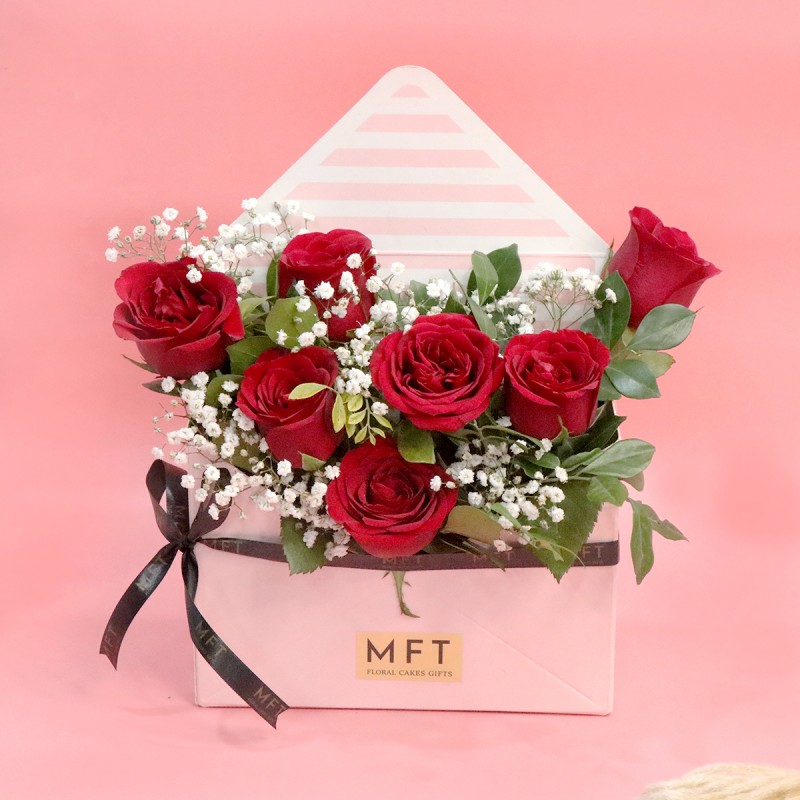 Red Roses in Pink Envelope Box