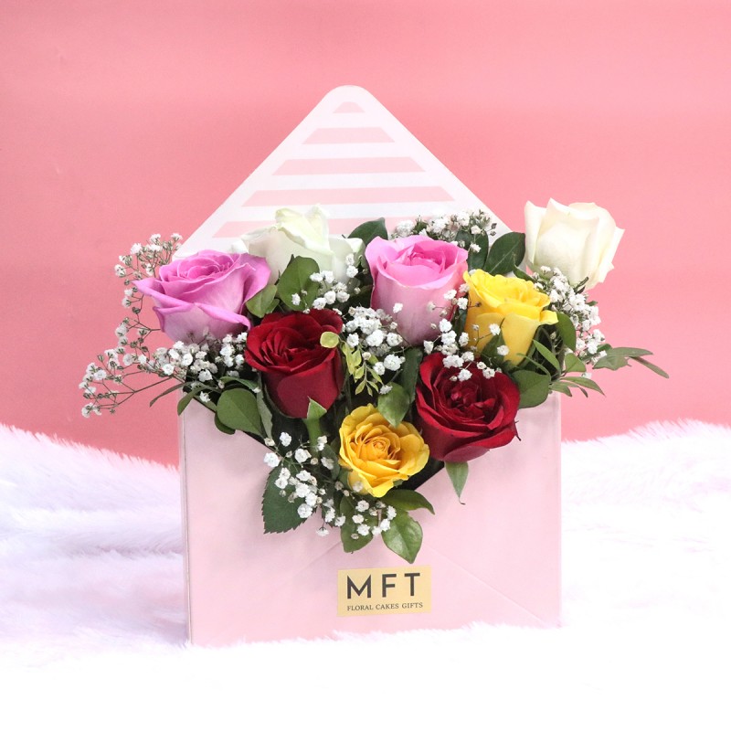 Mixed Roses In Pink Envelope Box