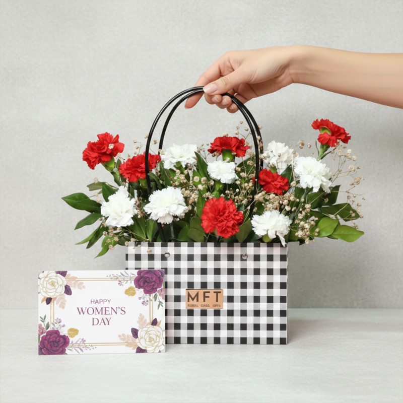 Womens Day Red N White Carnation Handbag