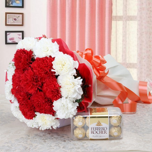 20 carnations ( White and Red) Bouquet with 16 pcs Ferrero Rocher Chocolates 