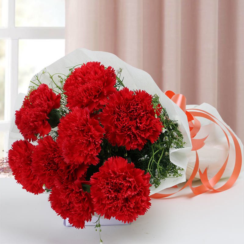 8 Red Carnations in Paper Packing