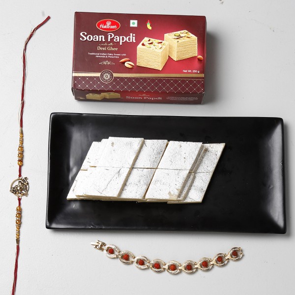 Soan Papdi And Kaju Katli With 2 Rakhis