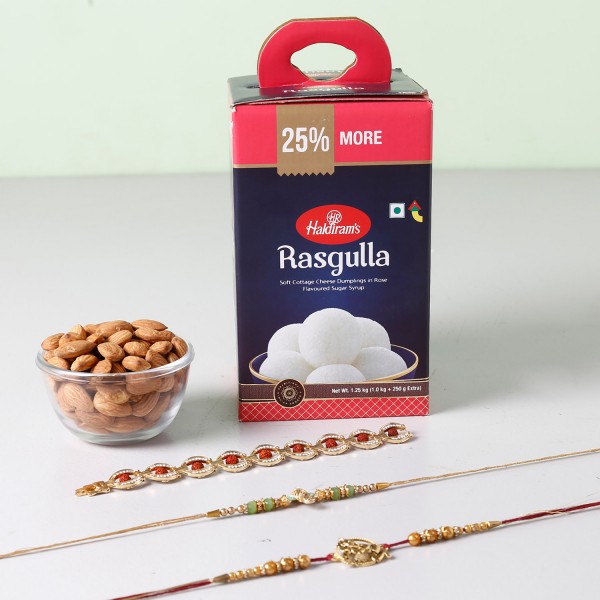 Rasgulla And Almonds With Designer Rakhis