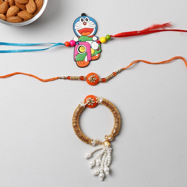 Set Of 3 Appealing Rakhis And Almonds Combo