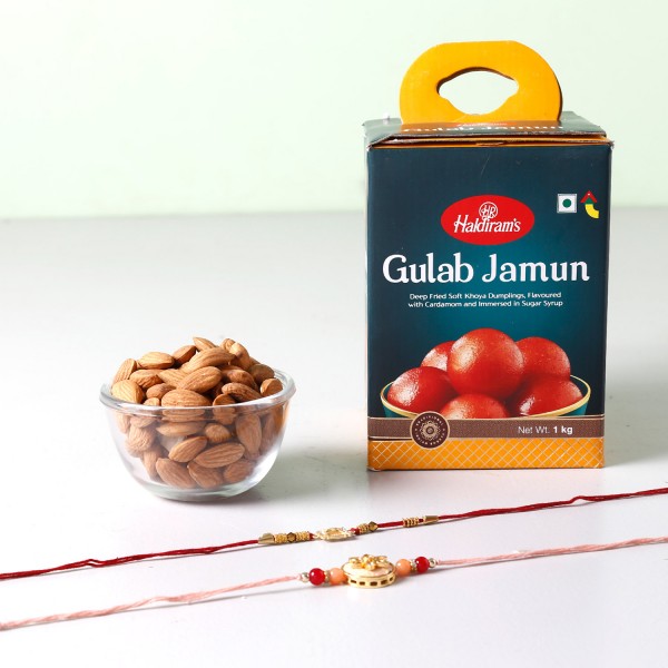 Set Of 2 Fancy Rakhis And Gulab Jamun Combo