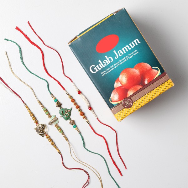 Set Of 5 Rakhis And Gulab Jamun
