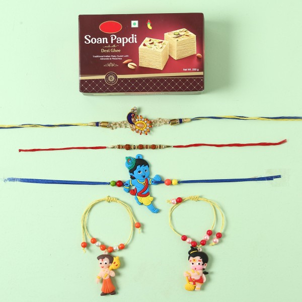 Assorted 5 Rakhi Set And Soan Papdi