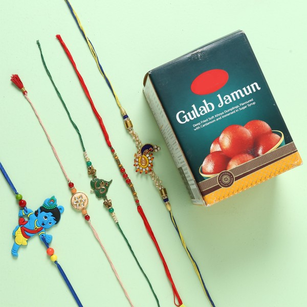 Set Of 5 Mixed Kids And Fancy Rakhi With Gulab Jamun