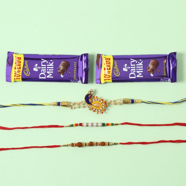 Dairy Milk And Set Of 3 Designer Rakhis