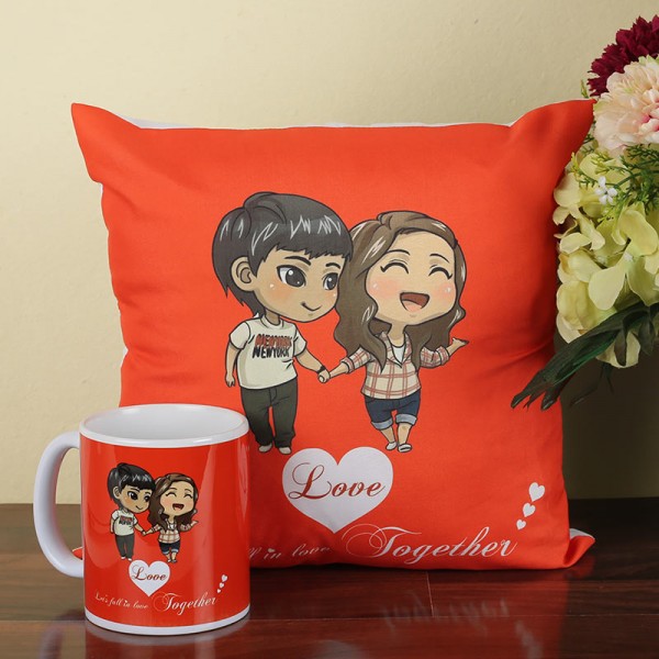 Cute Couple Printed Cushion and Mug Combo