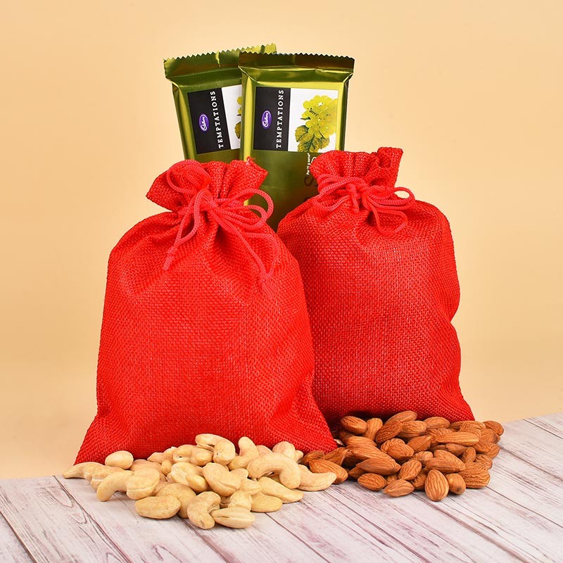 Potli of Cashew and Almond with Temptation Chocolates