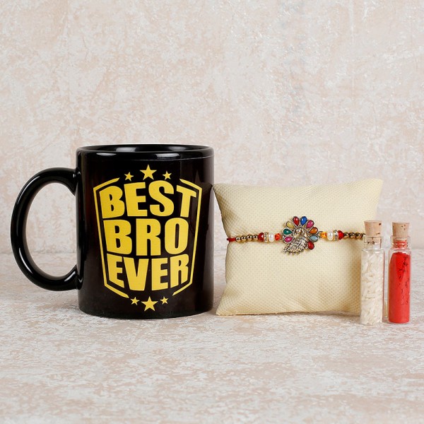 Peacock Rakhi And Printed Mug Combo
