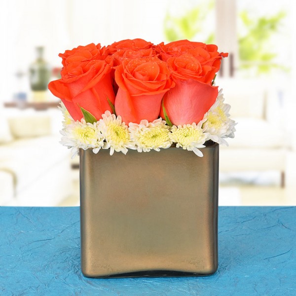 9 Orange Roses In A Special Golden Vase