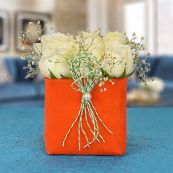 9 White Roses In A Special Orange Vase