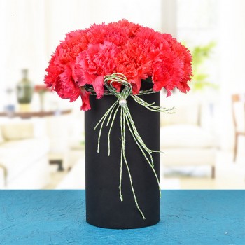 20 Pink Carnations In A Black Cylindrical Vase